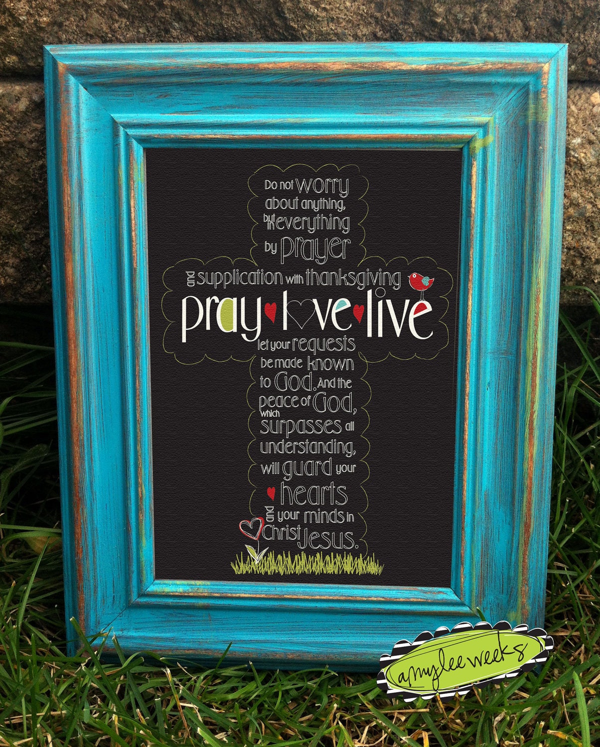 Scripture Art, Christian Art, Pray Love Live cross, canvas-mounted framed art (5x7)