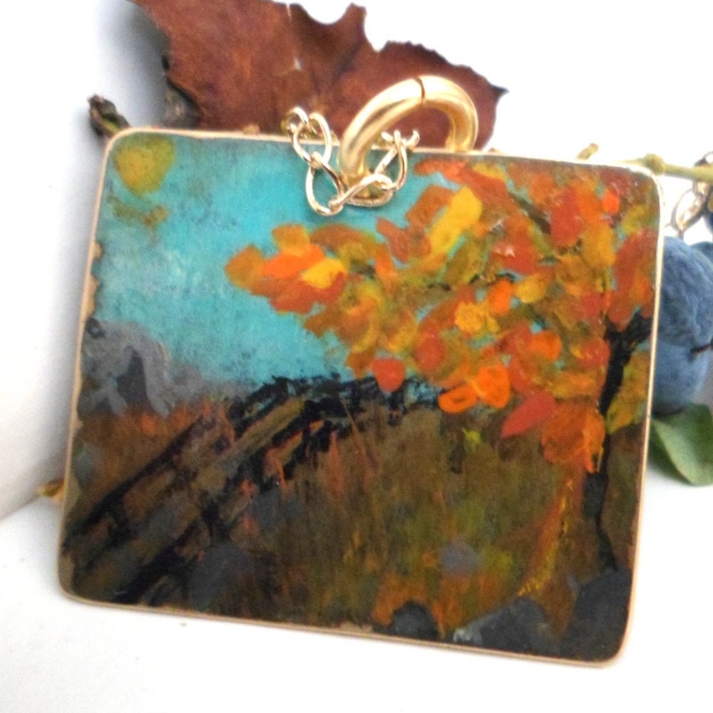 Painted Necklace Mini Mural Autumn Landscape Hand Painted On Brass Wearable Art