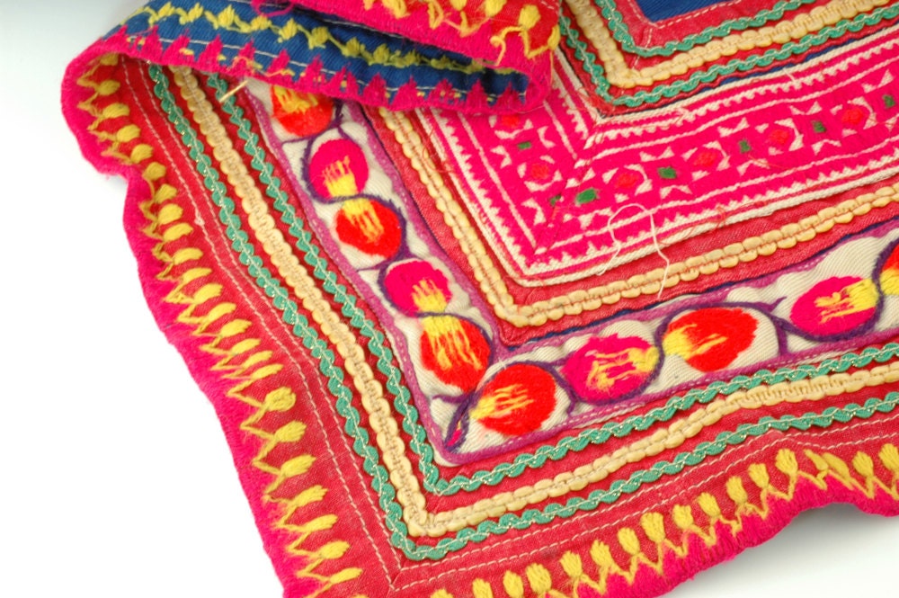 Vintage Hmong Tribal Textile Embroidered Cotton Fabric / Neon Pink, Orange, Yellow and Blue / Summer Fashion / Upcycling Supplies