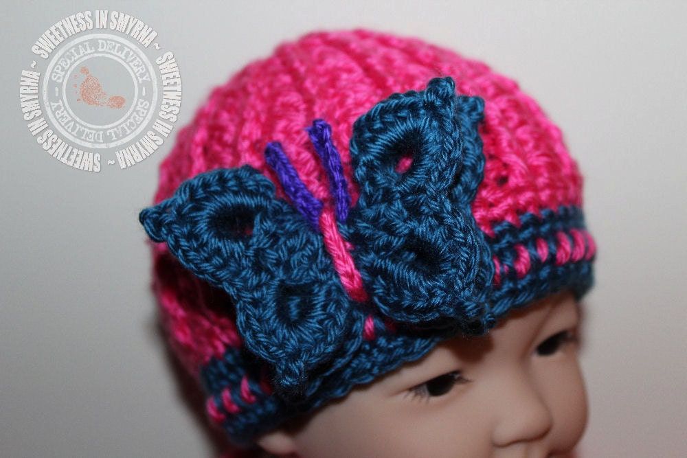 Baby Girl Hat - Butterfly Hat - Blue - Hot Pink - Cloche - 0 to 3 months - Photo Prop - READY TO SHIP