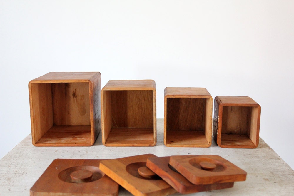 1950s Kitchen Canisters // Vintage Wood Dovetail Containers