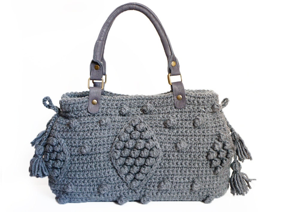Crocheted Handbag, Gray Bag - Grey handbag Celebrity Style With Genuine Leather Straps / Handles/crochet bag / gray bag