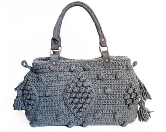 Crocheted Handbag, Gray Bag - Grey handbag Celebrity Style With Genuine Leather Straps / Handles/crochet bag / gray bag