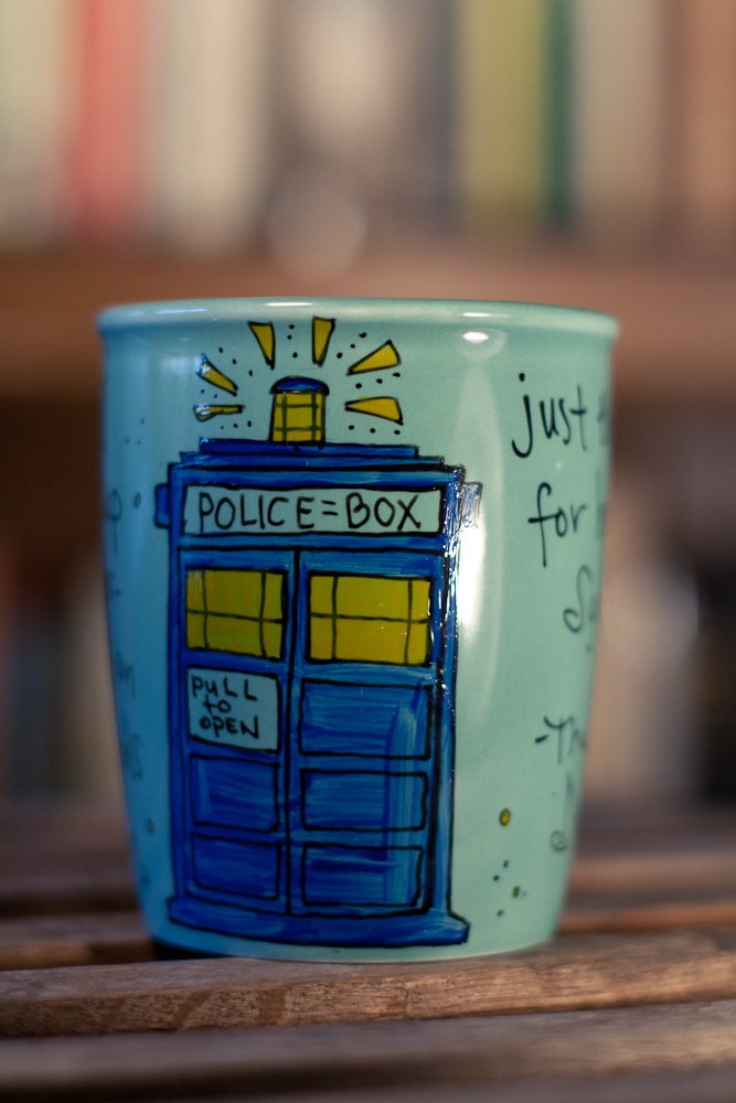 Doctor Who "Good cup of tea" Tenth Doctor hand painted quote mug with TARDIS - Large turquoise mug