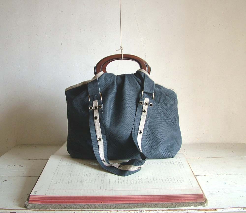 Reserved for Wtafreak -CLEARANCE Leather Tote in Navy Blue with Natural Linen Trimming. Ready to Ship. 50% off original price.