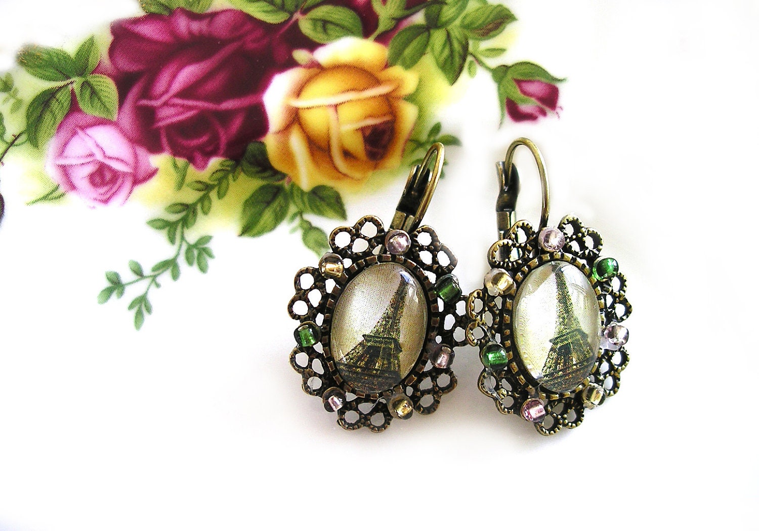 paris earrings, eiffel, baroque, gift under 30, french romance, eiffel earrings, FREE SHIPPING