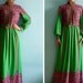 Vintage bohemian maxi dress / Russian style dress / folk ethnic print / green red violet / buttoned / long sleeves / medium