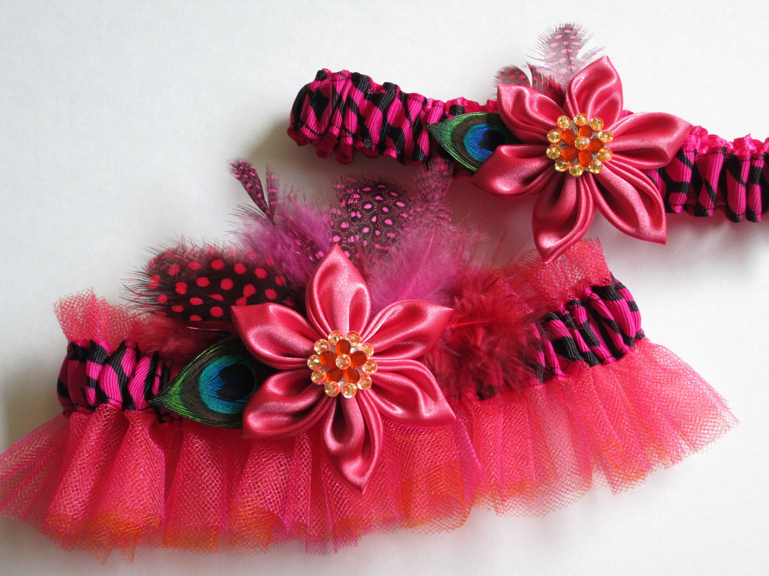 Bride's Wedding Garters, Pink Zebra Garter, Fuchsia Orange Garter, Coral Tulle Garter, Kanzashi, Peacock Garter, Prom Garters