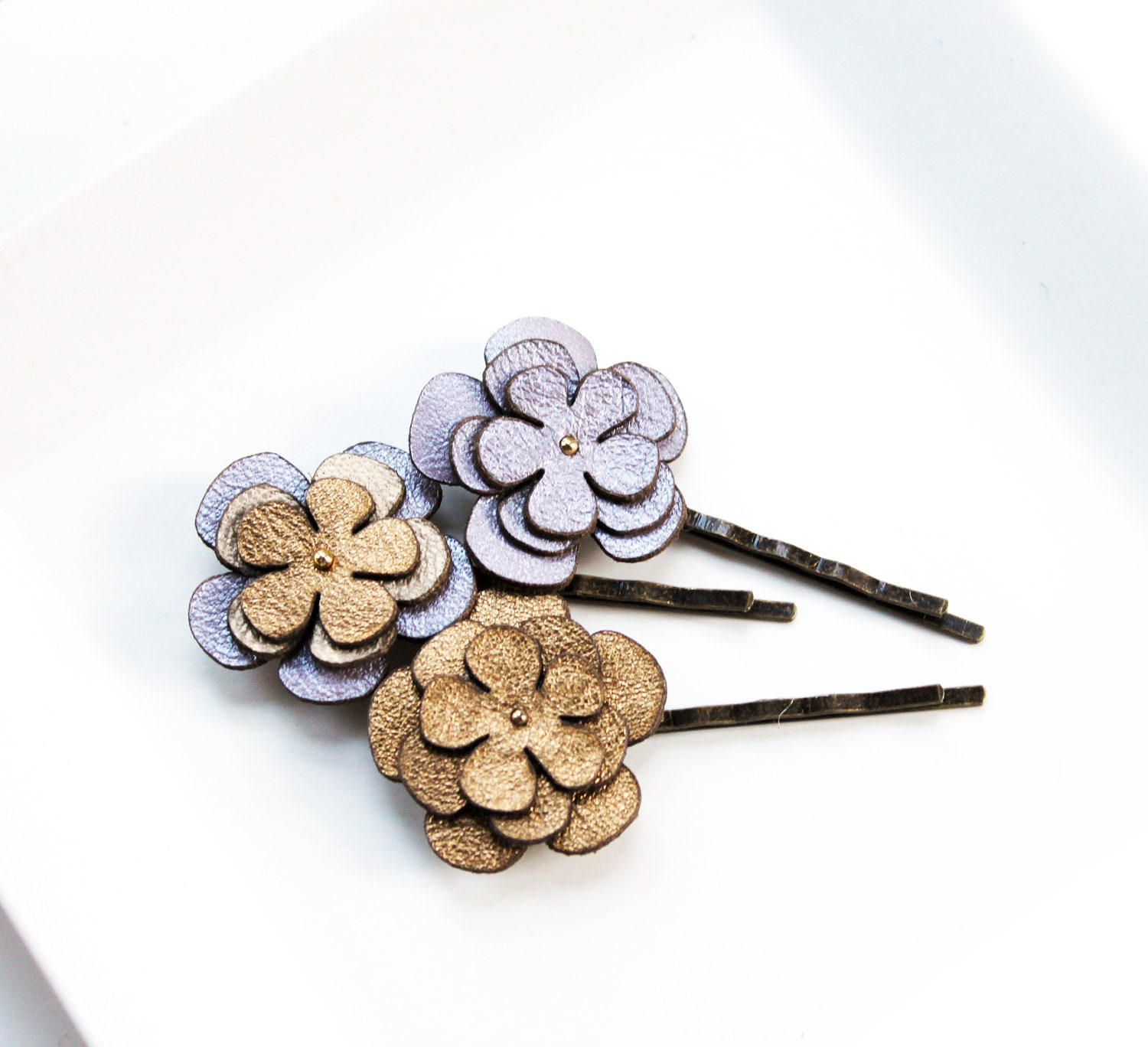 Flower Hair Pins, Metallic Leather
