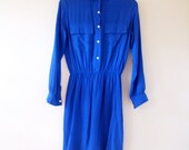 Silk shirt dress bright blue 80s S M