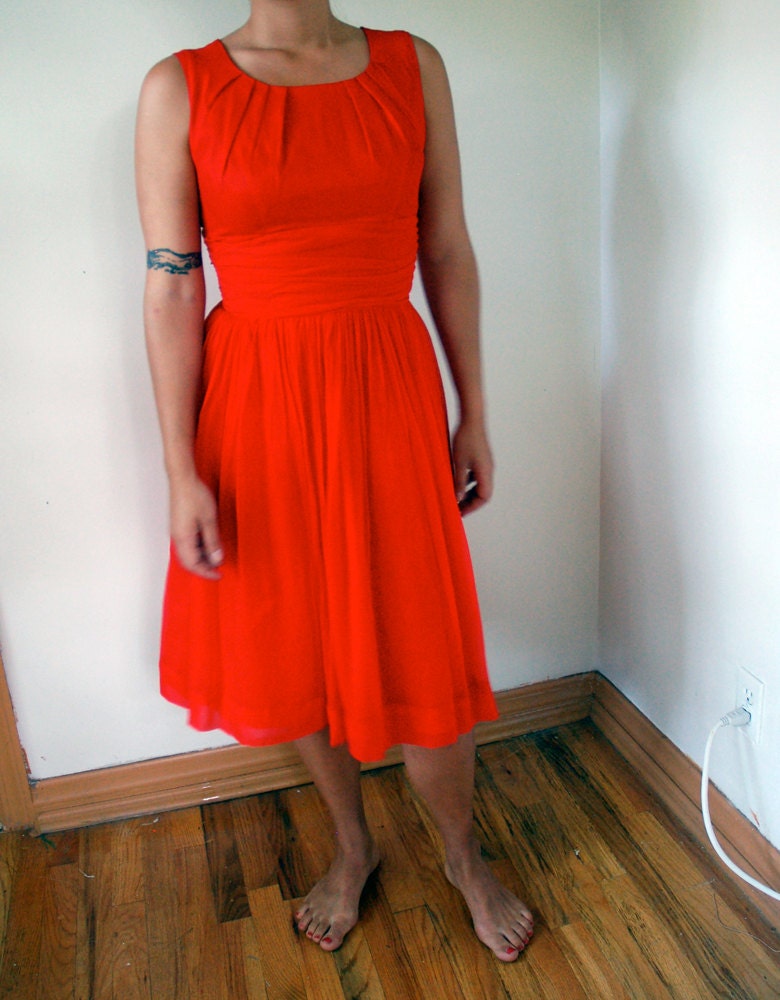 50s party dress cherry red sheath chiffon S M