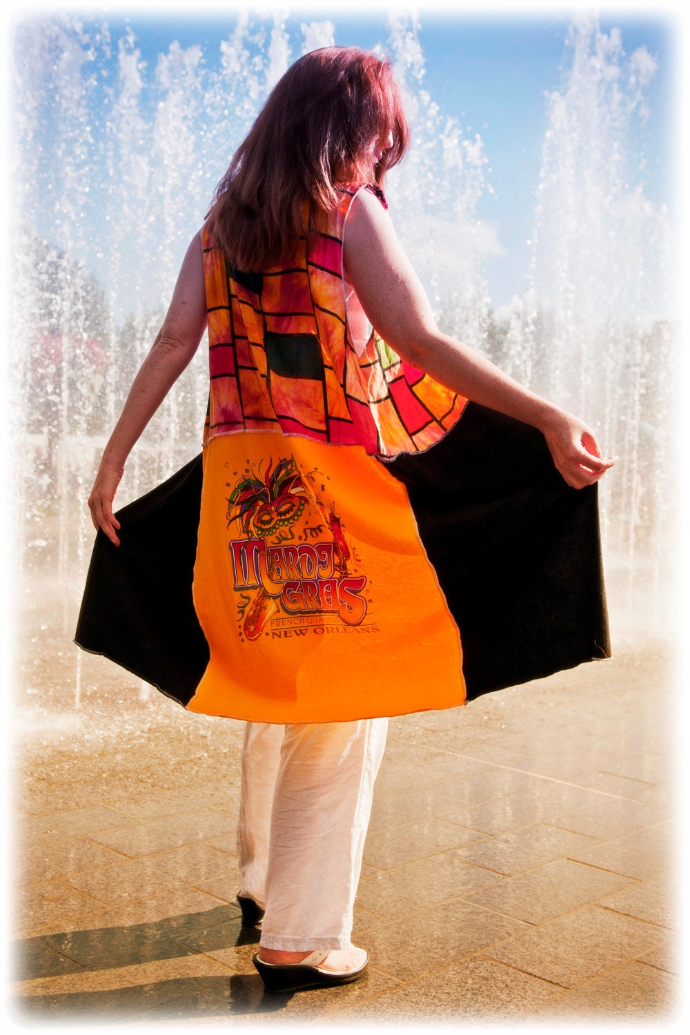 Please do not purchase, reserved for Fern 20 dollar sale Boho country hippie upcycled refashioned orange red yellow black Mardy Gras vest