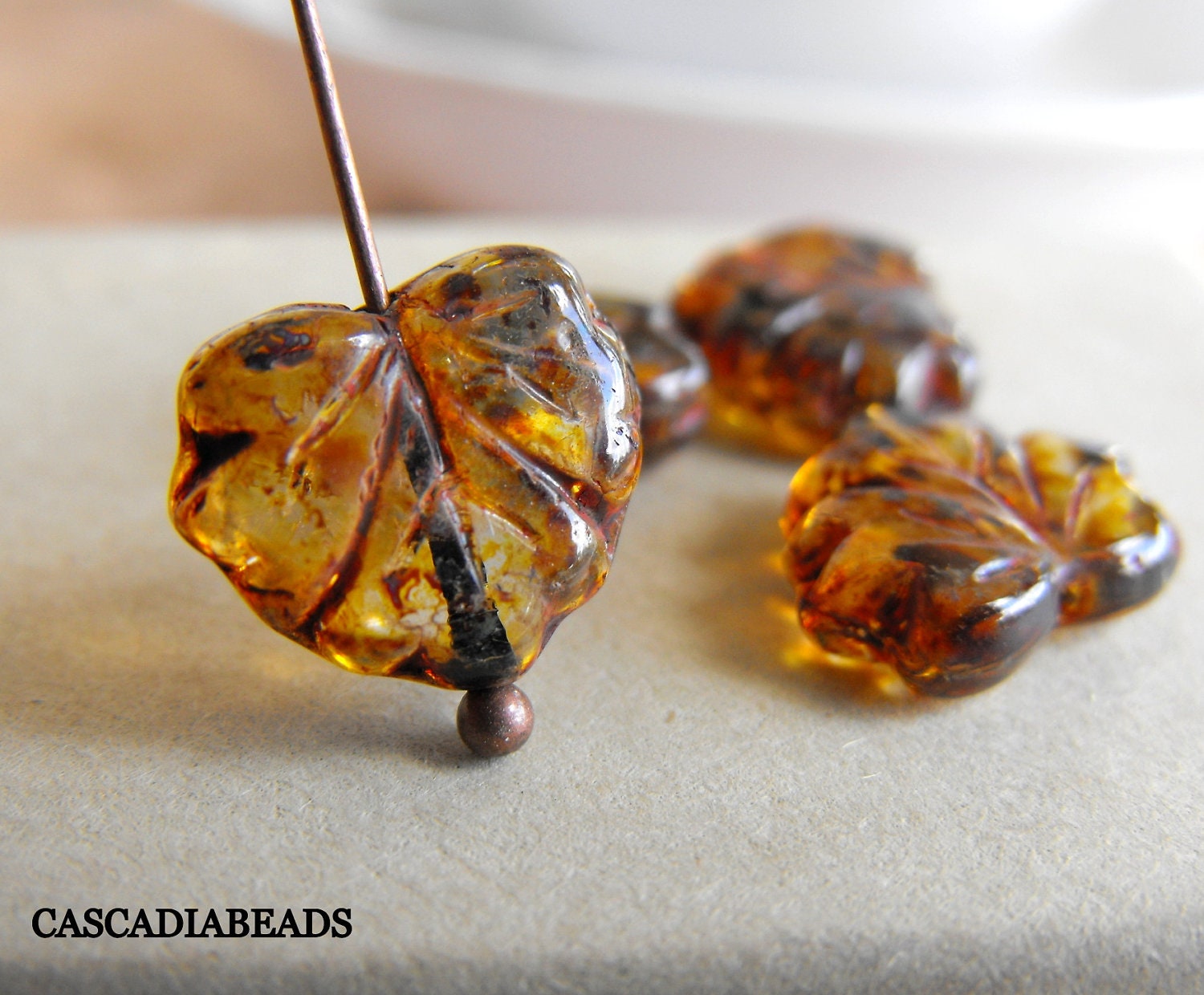 New - Czech Glass Bead - Maple Leaf - Amber Brown Picasso - 10 - 10x13mm (cab-481)