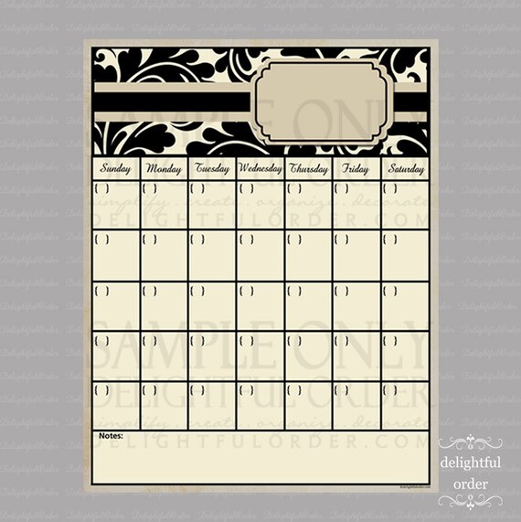 Tan Damask Calender - 11x14 PRINT - You Frame - Dry Erase
