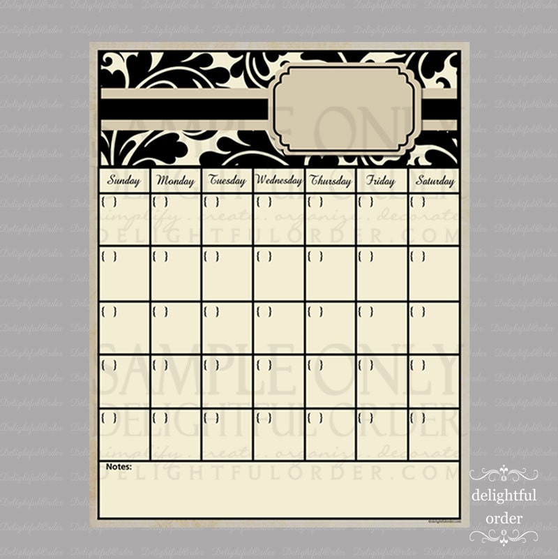 Tan Damask Calender - 11x14 PRINT - You Frame - Dry Erase