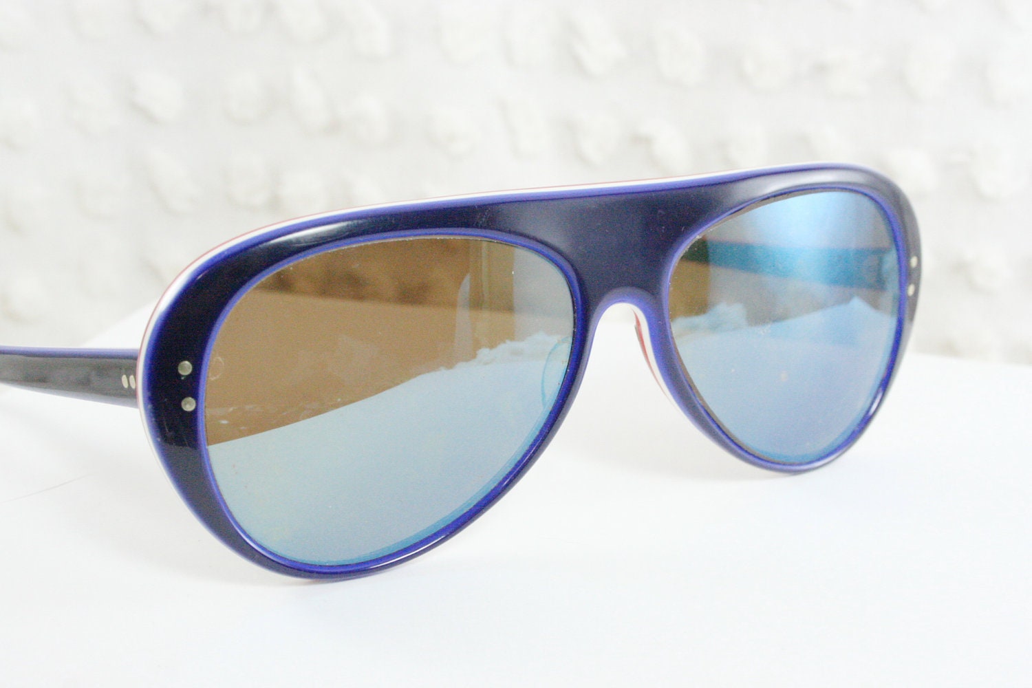 70s Aviator Sunglasses 1980's Ski Eyewear Blue Horn Rim Frame Retro Sports Non Rx Made in France