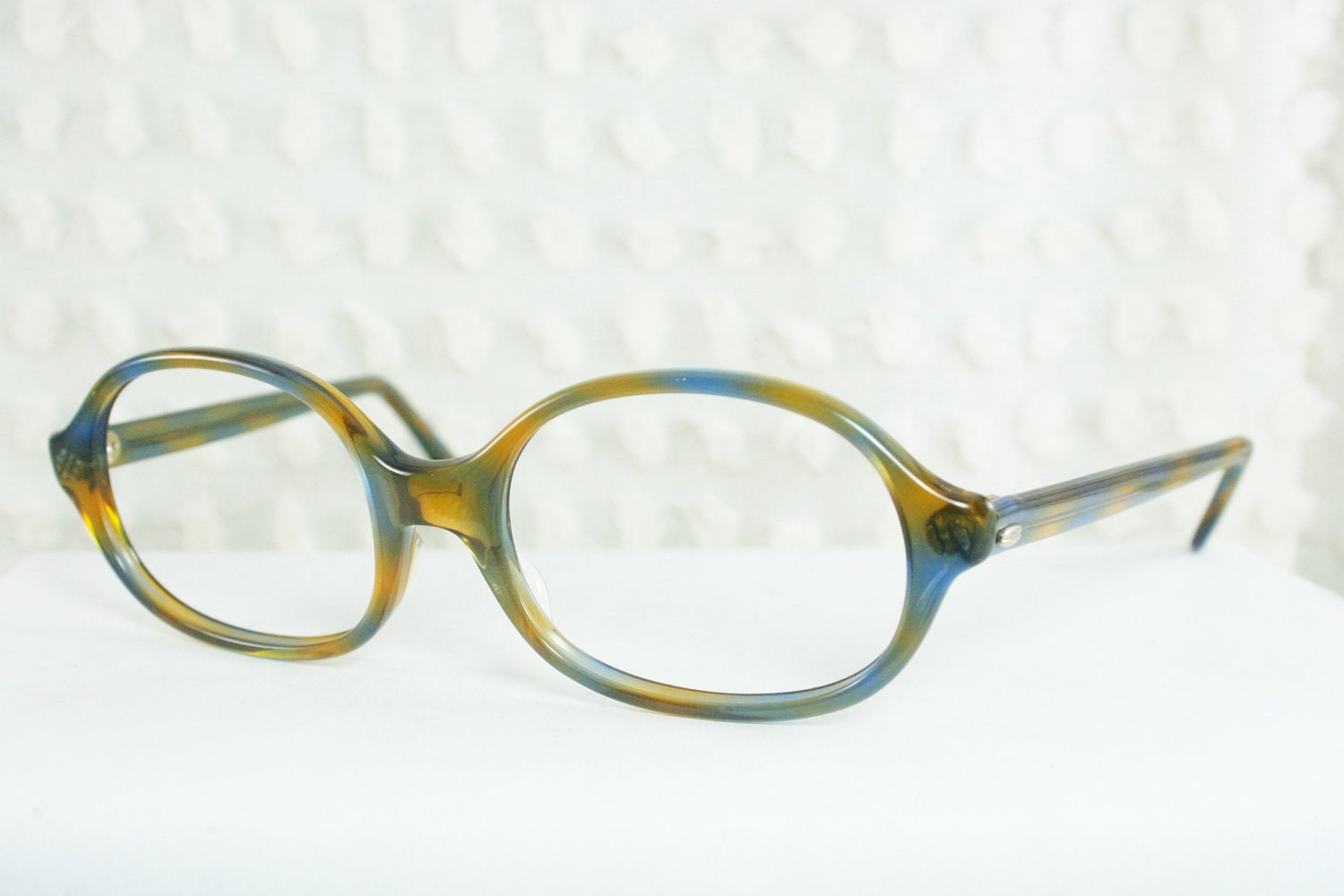 70s Glasses 1970s Unique Eyeglasses Yellow Blue Stripe Wide Oval NOS Unisex Large 54/20 Bausch and Lomb Optical Frame