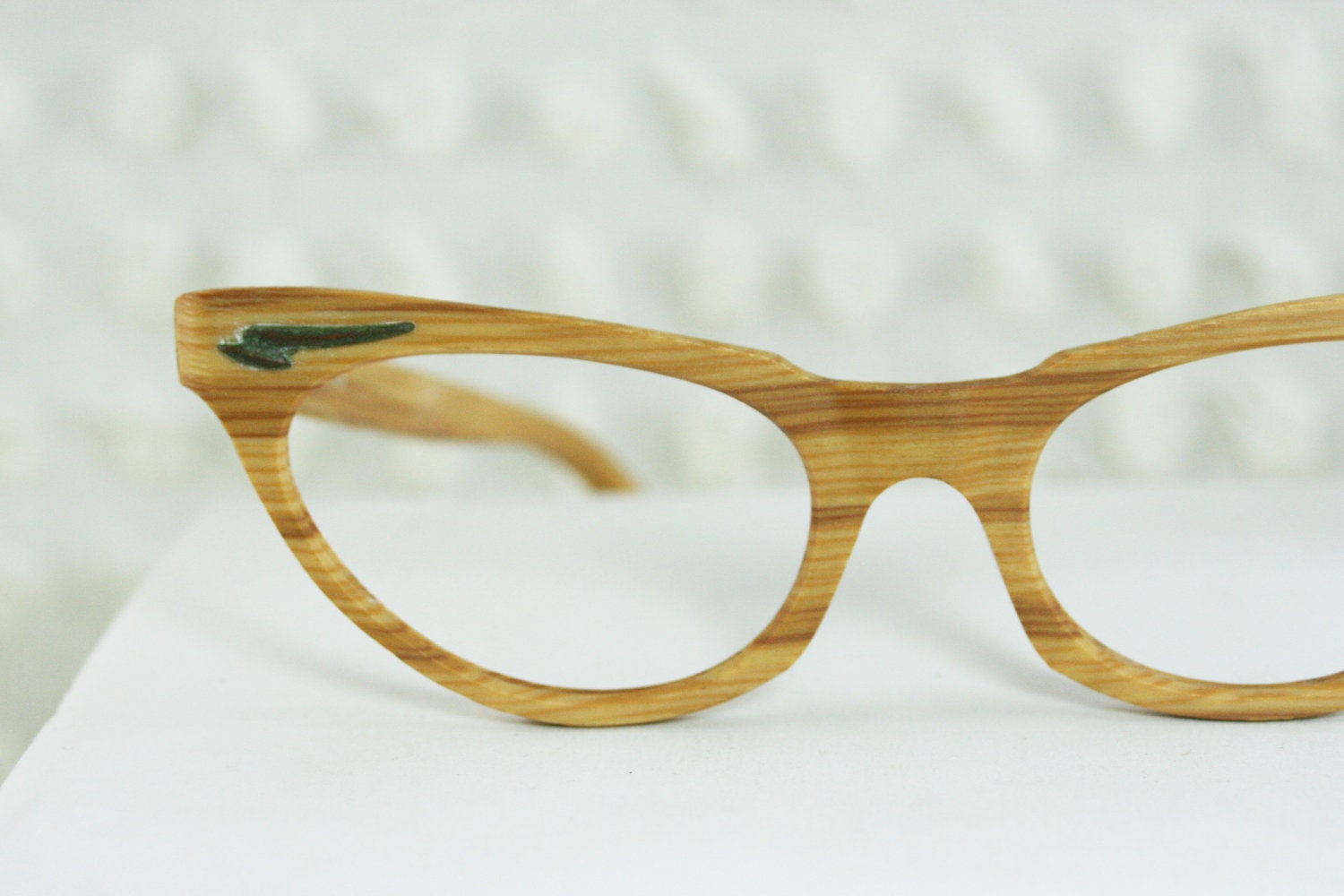 50s Wood Cat Eye Glasses 1950s Eyeglasses Natural Wooden Woodgrain 46/20 New Old Stock Optical Frame Italy