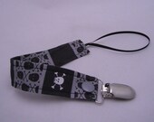 Fabric Pacifier Clip Medium Grey with Black Mini Skull and Crossbones Boy Print - Universal Soothie Nuk Mam Gumdrop Avent