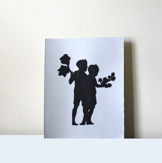 Petal Pushers, Original Painting, Artwork, black silhouette of two boys and their flowers, Home Decor