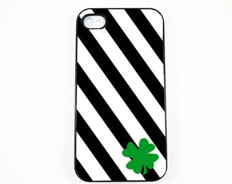 Four leaf clover in black and white stripe  iPhone 5 Case, iPhone 4 case, iPhone 4s Cover , Hard Plastic iphone 5 Cover, cases