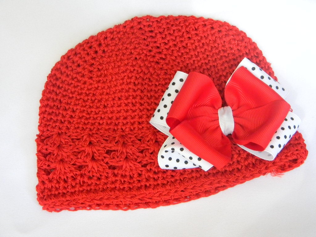 Crocheted Infant Hat Beanie Style in Red with Removable Red with White and Black Polka Dot Print Bow on Alligator clip Fits up to 18 Months