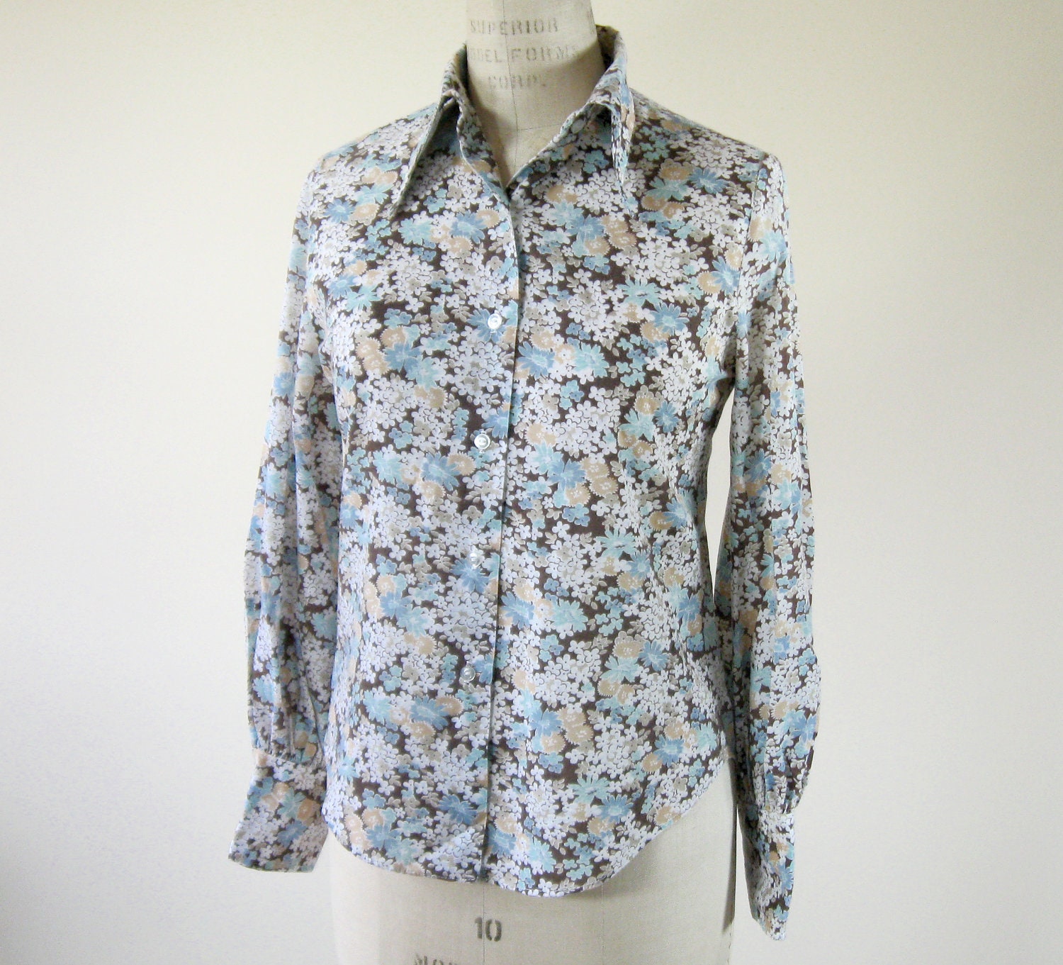 70s Floral Blouse Brown Blue Boho Womens Medium