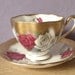 vintage tea cup and saucer set, red white rose gold, Queen Anne English bone china, 1960's