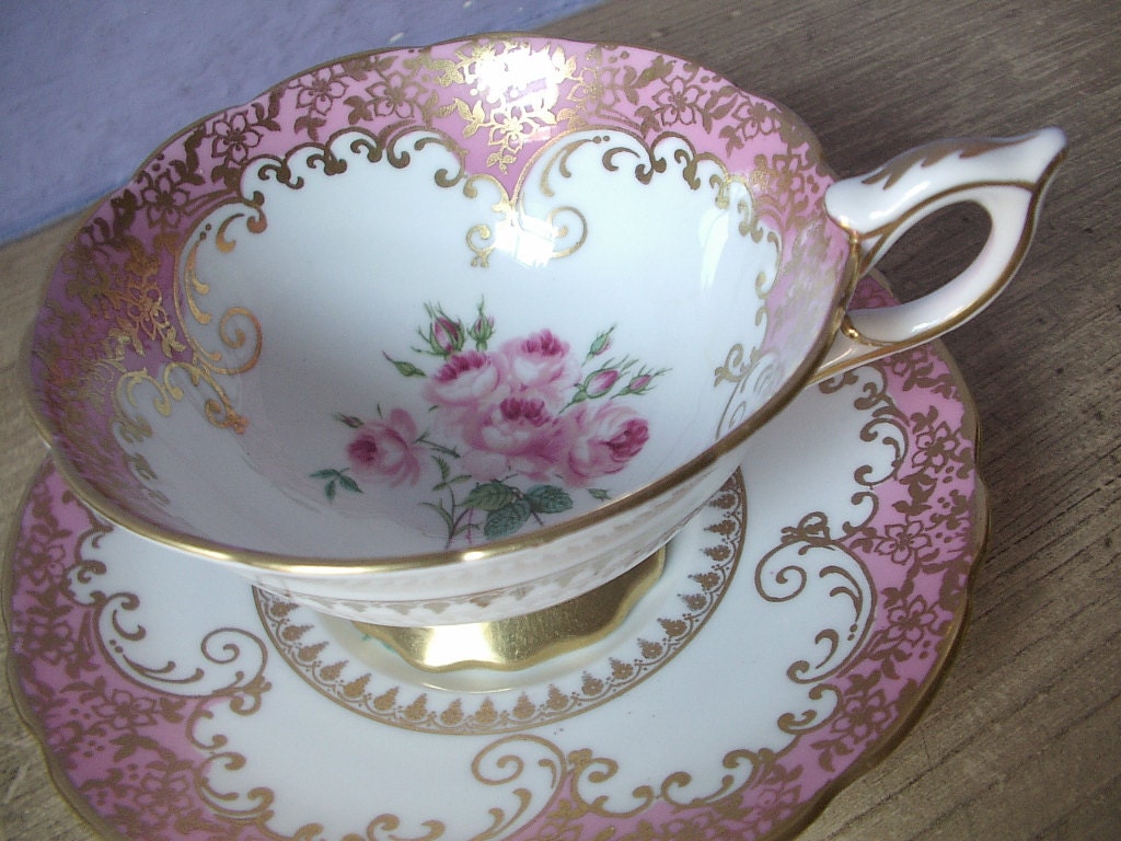 Antique pink tea cup set, vintage Royal Stafford English tea cup set, pink roses bone china tea set, RESERVED 4 tammy