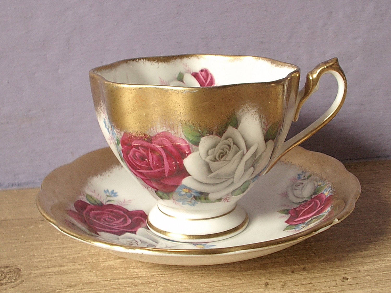 white cup vintage rose and saucer red cup by ShoponSherman  vintage tea set set