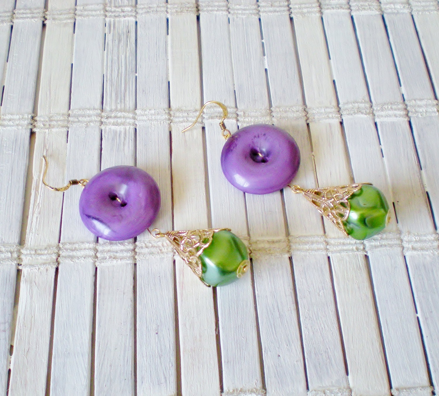 Purple Button Earrings with Emerald Green Faux Pearls