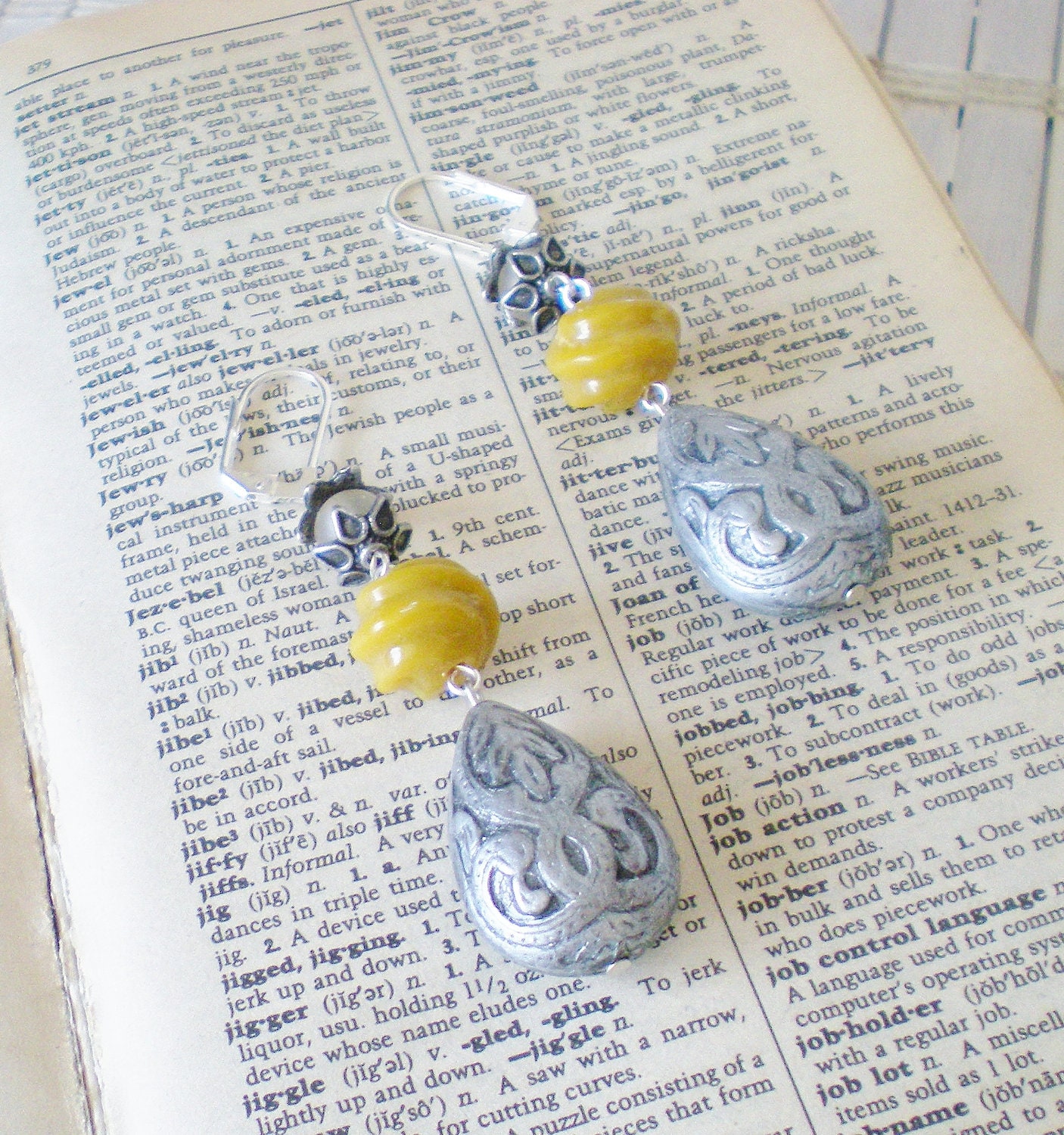Long Paisley Dangle Earrings -Olive Green Grey -Everyday Fashion -Silver Plated Leverback