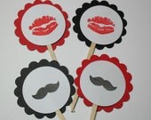 Lips/Kiss and Mustache cupcake toppers Birthday party Gender reveal Bachelor Bachelorette party- Black, red, and white or custom Il_170x135