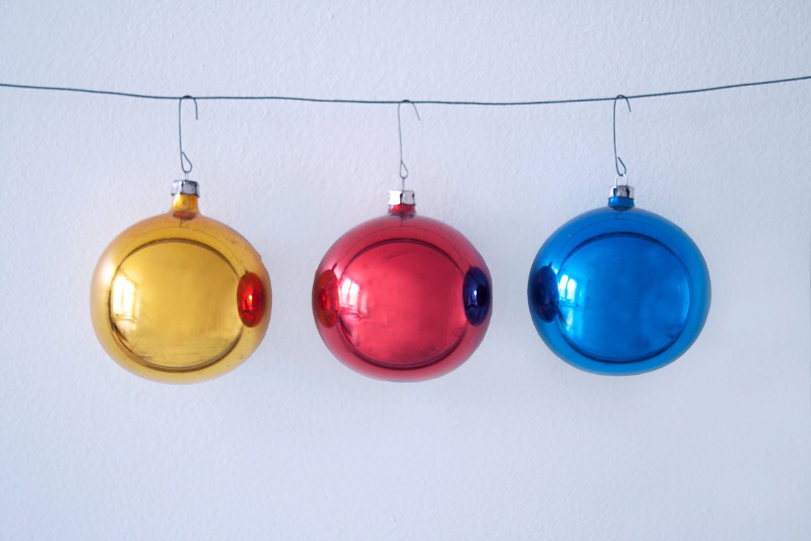 Box of 3 Large Vintage Christmas Glass Ornaments in Yellow, Red and Blue