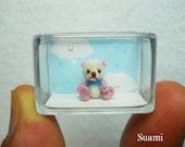 Micro White - Pink Bear With Blue Bow - Tiny Crochet Miniature Teddy 1/2 Inch Scale - Made To Order