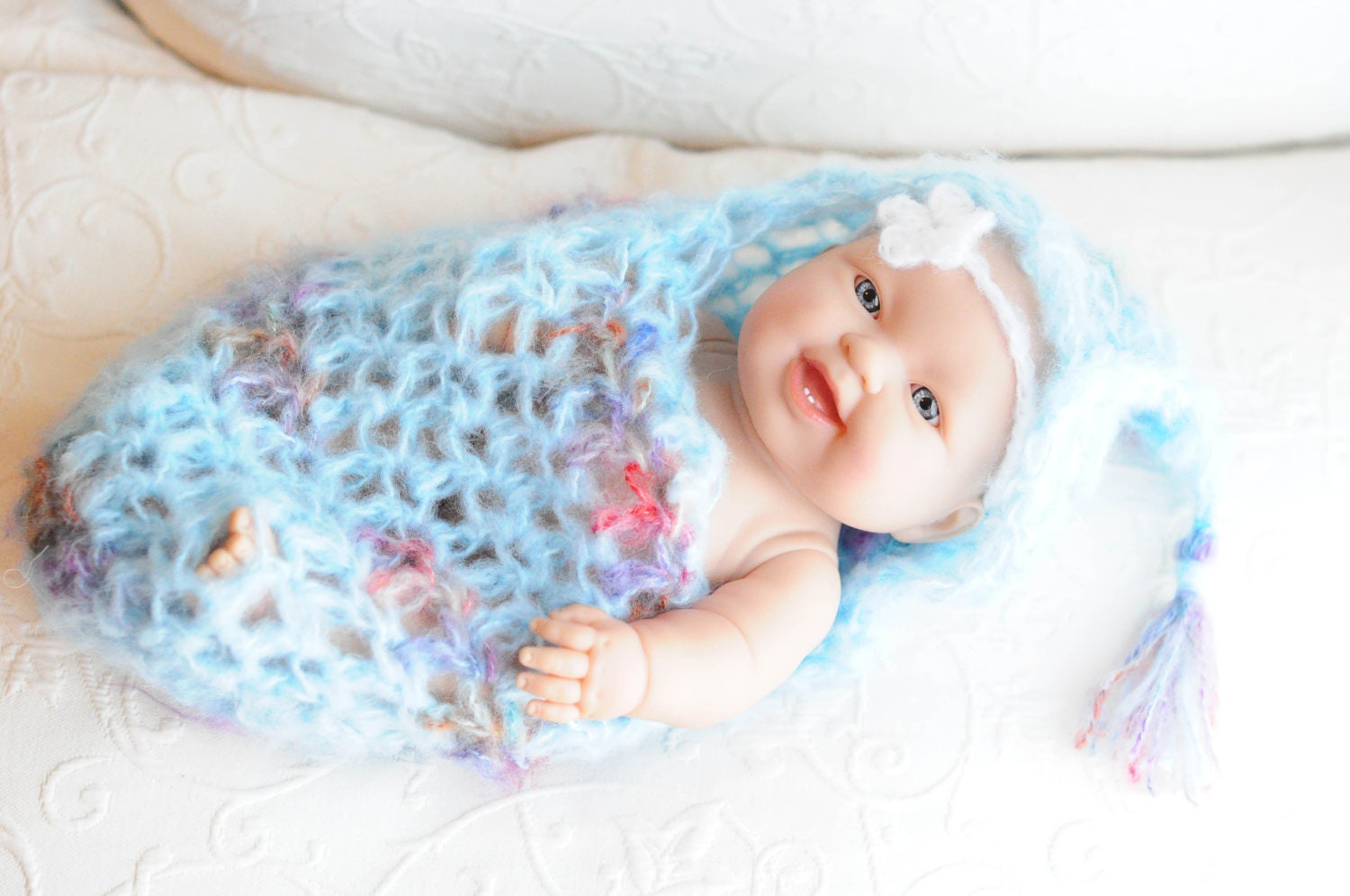 Fuzzy Newborn Pixie Cocoon, Hooded with Tassel, Flower Headband