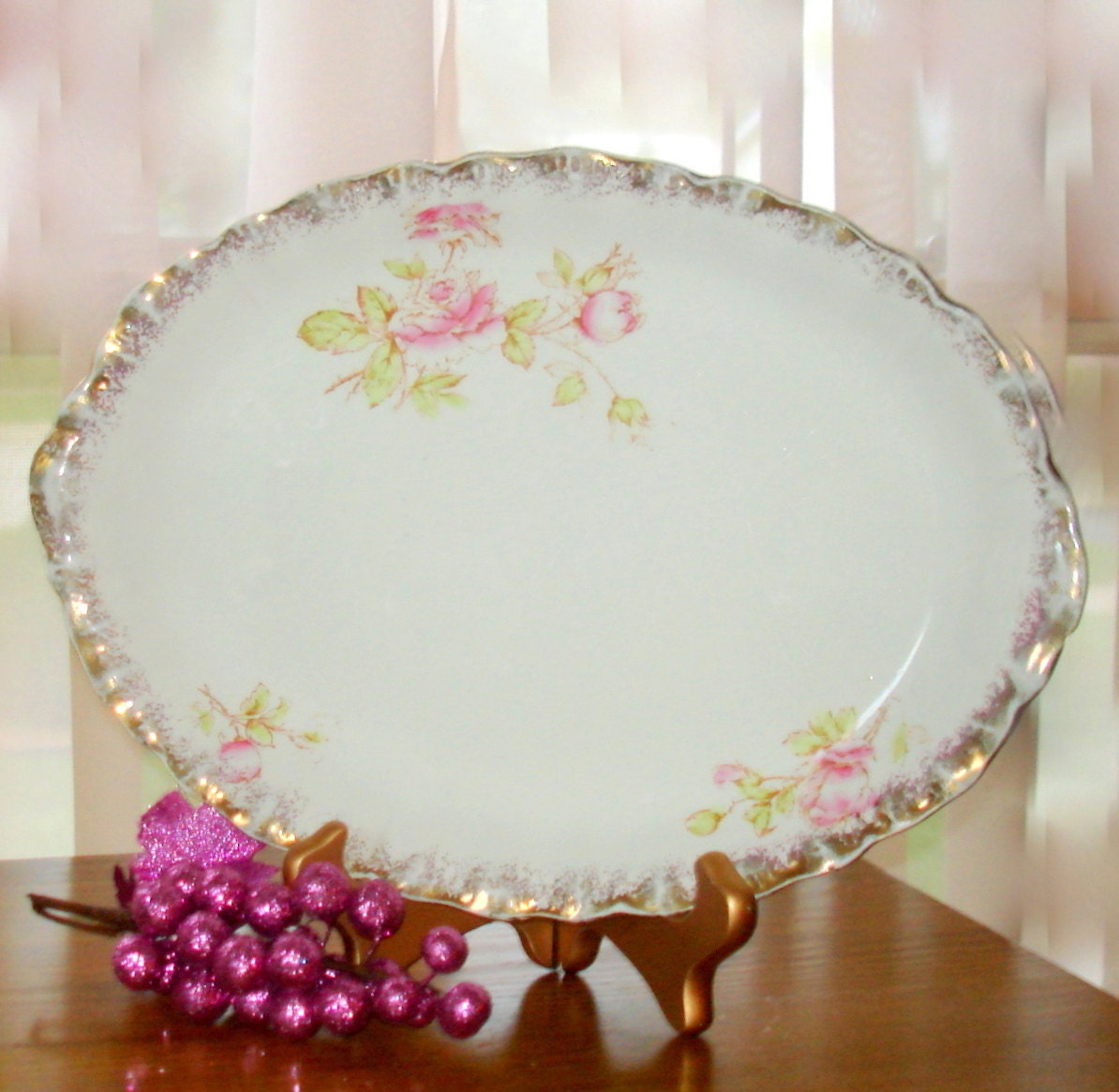 Vintage Dresden Semi Porcelain Platter, Oval Shape, Pink Rose Pattern