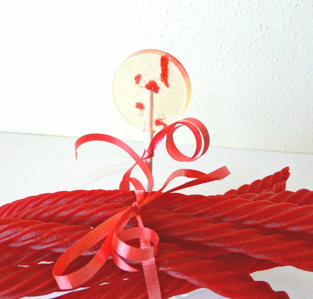 6 Red Licorice Lollipops-Gourmet Artisan Candy-Twizzlers and Red Vine Inspired-Wedding Favors-Hard Candy Suckers-Party Favors
