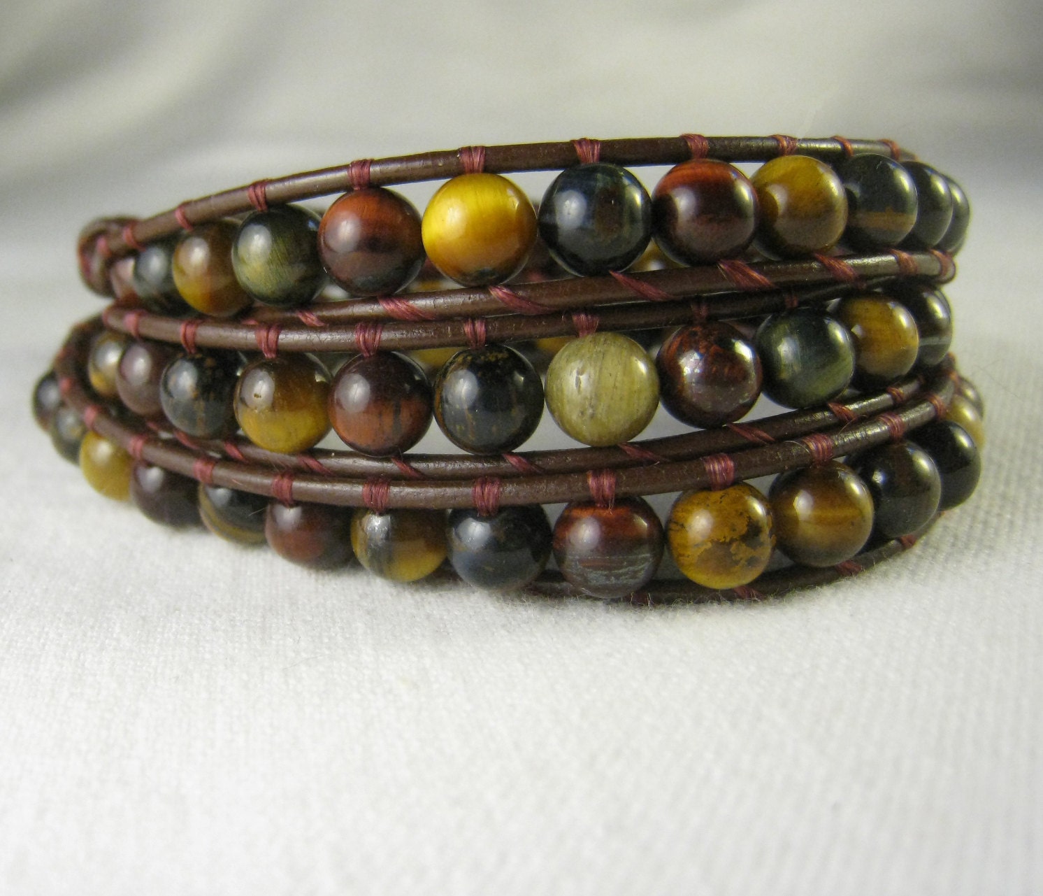 Triple Wrap Bracelet, Multi colored tiger eye, Brass Button, Womens beaded jewelry, Leather, Vegan Bracelet