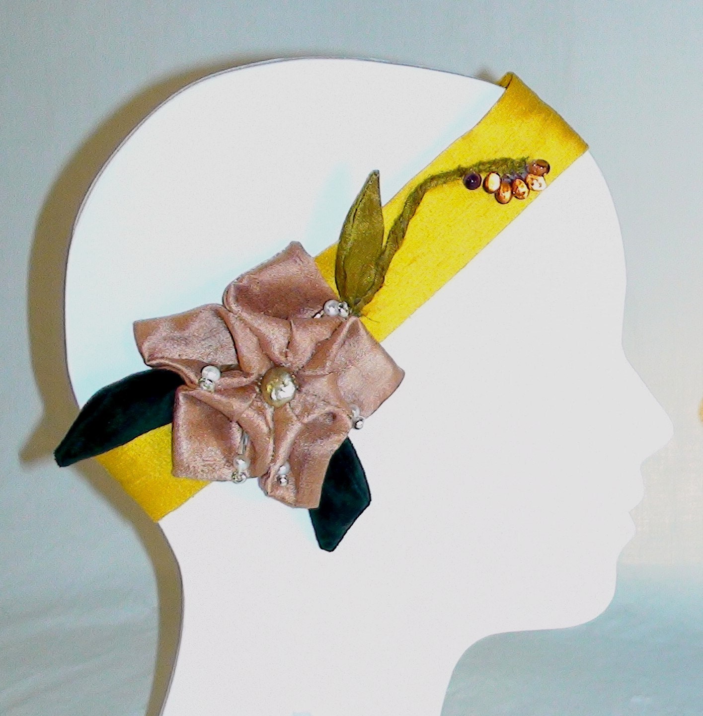 Silk Elastic Headband Hair Fascinator Wide Yellow Band Blush Flower Green Leaves Beaded by MaryGwyneth