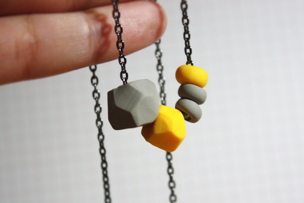 Mustard Yellow & Rhino Gray Necklace - Geometric Beads