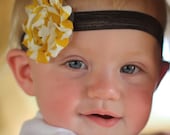 Mustard Striped Flower on Brown Elastic Headband
