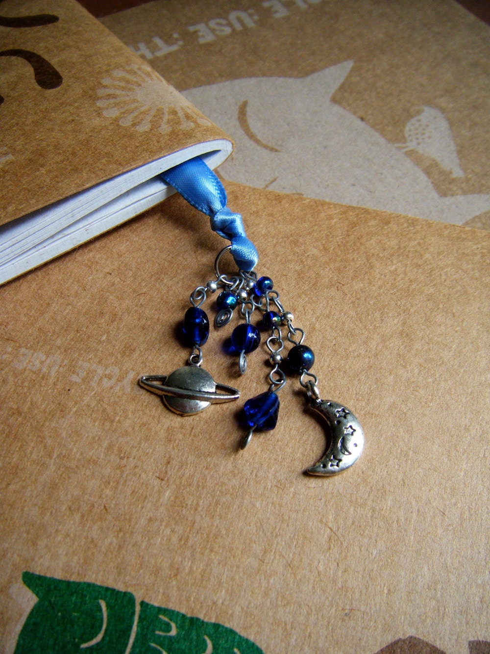 Galaxy Bookmark Moon Planet and Stars Book Thong Blue Silver