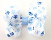 Snowflake Hair Bow - 3 Inch Winter Hairbow White Light Blue Royal Blue - Baby Toddler Girl - 3 Inch Boutique Hair Bow - PoppyBows