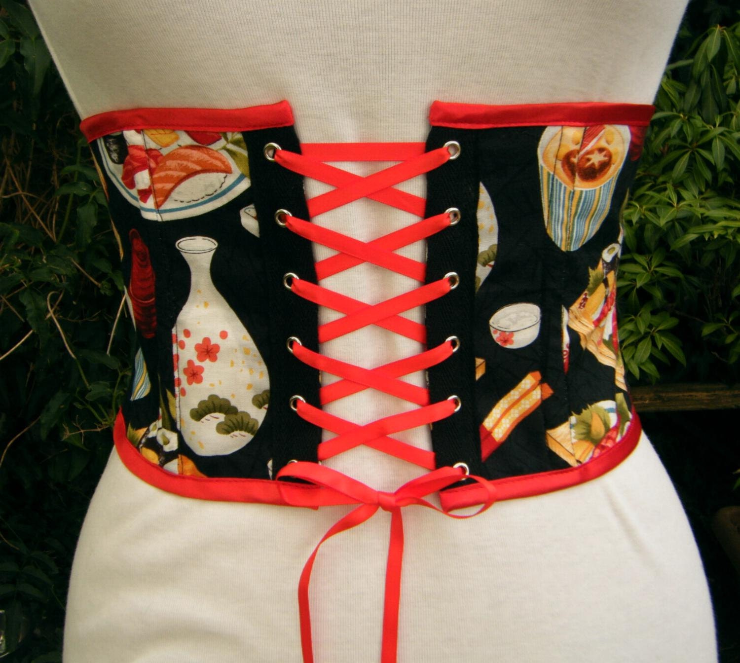sushi underbust corset Waist cincher waspie. black sushi print with red lacing. one only. Kawaii