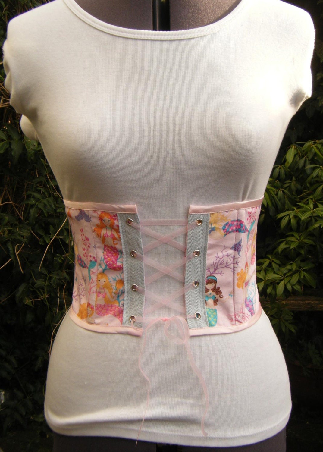 underbust corset mermaid waspie in pale pink.  Front lacing.  One of a kind