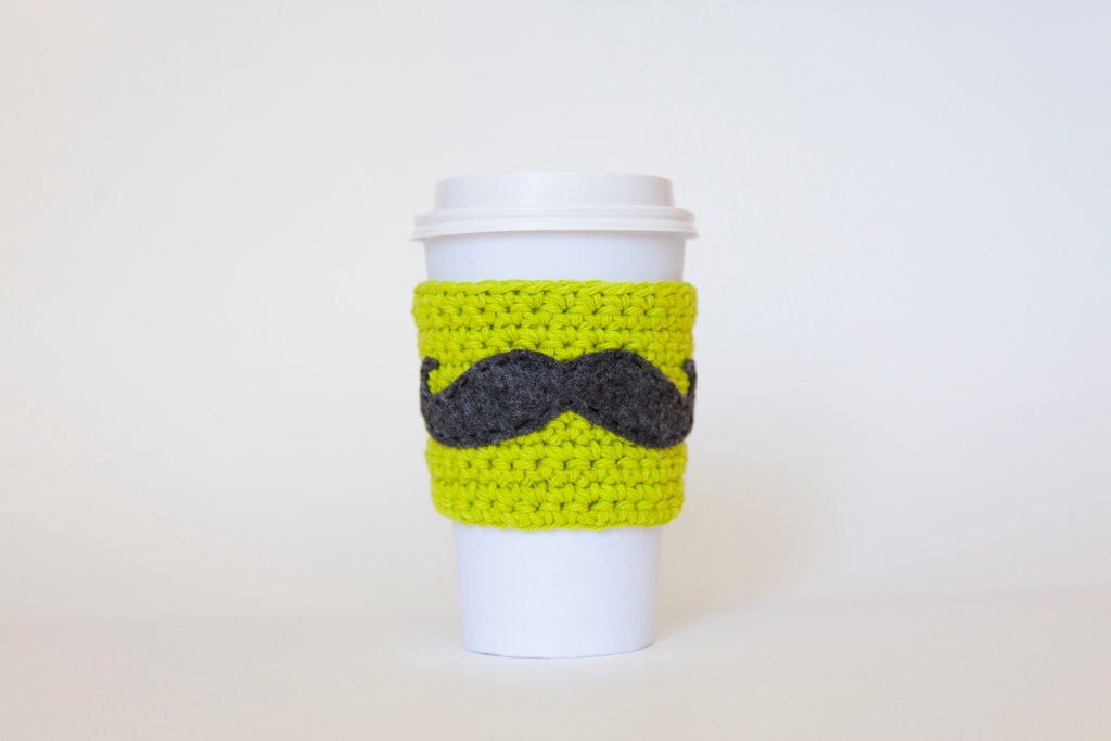 Neon Green Mustache Coffee Sleeve - Reusable Lime Green Mustache Coffee Sleeve