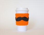Neon Orange Mustache Coffee Sleeve - Reusable Orange - Coffee Sleeve - Mustache Coffee Sleeve by Di Nuovo