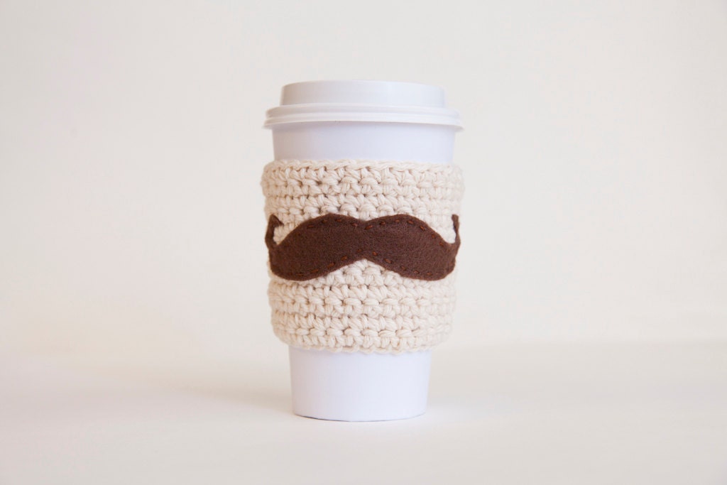 Natural Mustache Cozy - Nuetral Cup Cozy - Brown Mustache Coffee Sleeve