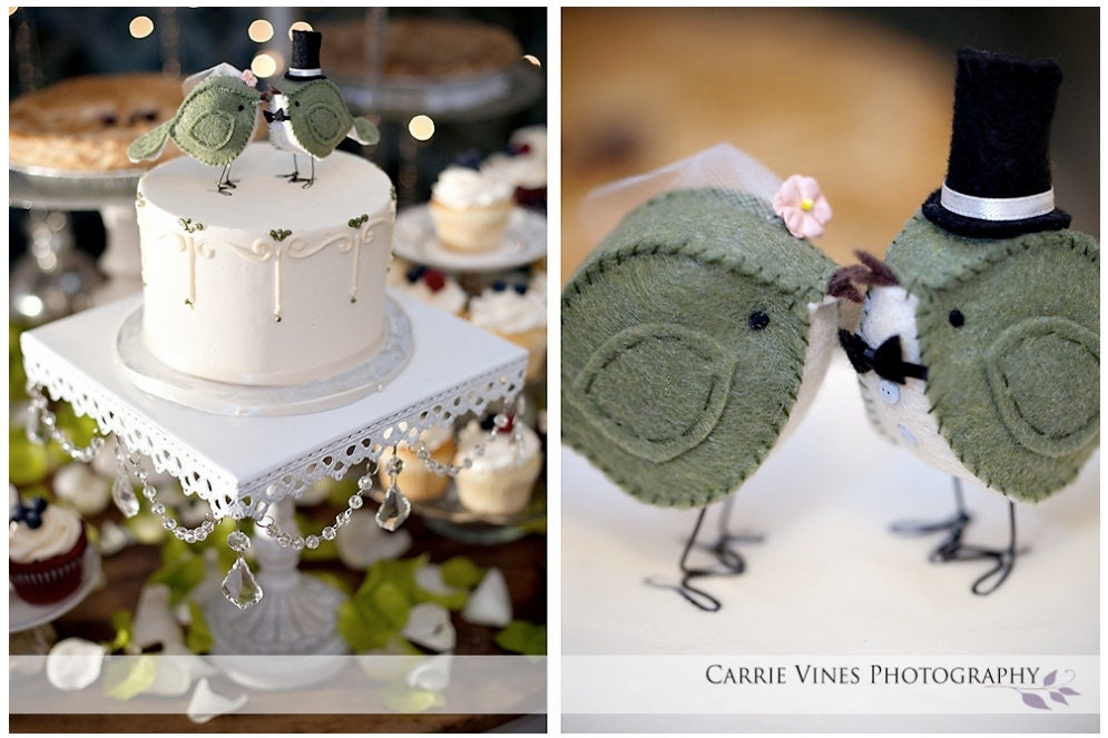 Moss Green Birds with Top Hat Wedding Cake Topper - MADE TO ORDER